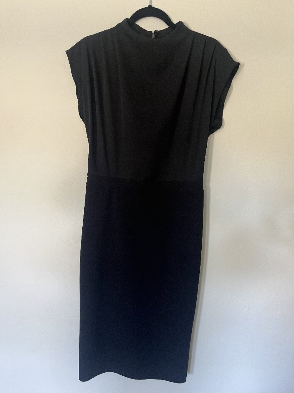 Express Black Draped Mock Neck Cap Sleeve Midi Sheath Work Dress Size M 8